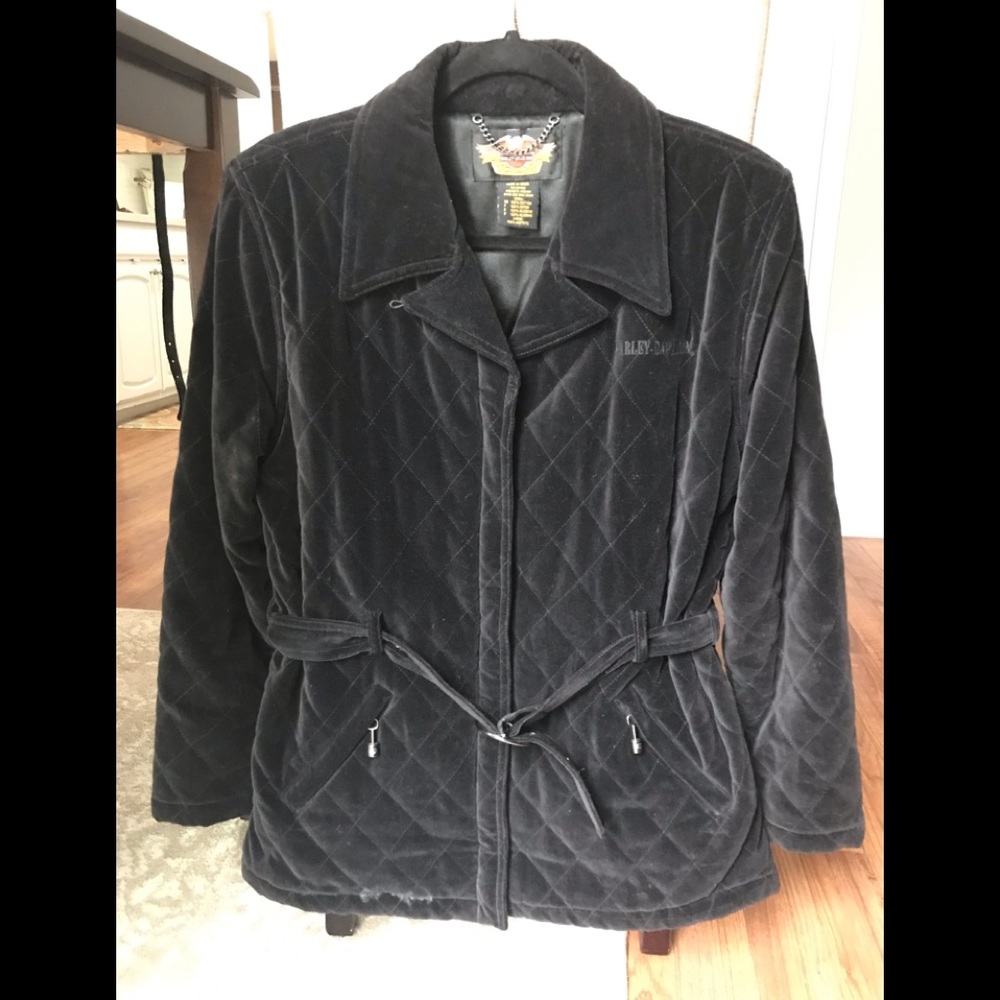 Harley-Davidson (M) Women's Black Quilted Coat Jacket Velour Purple Flame w/Belt